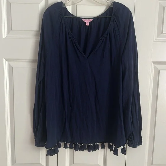 Lilly Pulitzer Linzy Tassel Trim True Navy Long Sleeve - Picture 3 of 11